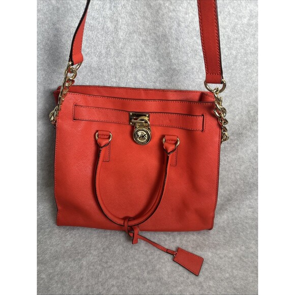MICHAEL KORS Hamilton Coral Red Saffiano Leather Gold HW E/W Large Satchel Bag - Picture 2 of 13